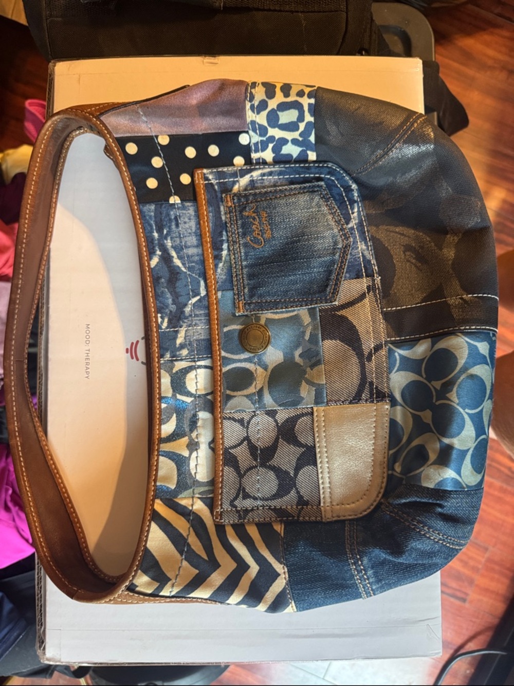 Coach Patchwork Logo & Denim Shoulder Bag in Navy, Tan & Black